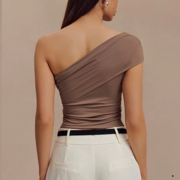NWT Meshki Solene One Shoulder Recycled Nylon Twist Top - Smoke, Small - Picture 2 of 5